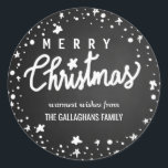 Pegatina Redonda Merry Christmas Typography Chalkboard Stars<br><div class="desc">Merry Christmas Typography Chalkboard Stars</div>