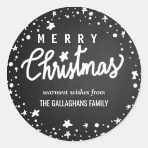 Pegatina Redonda Merry Christmas Typography Chalkboard Stars