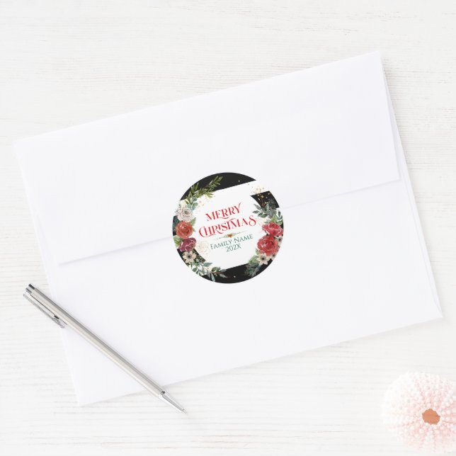 Pegatina Redonda Merry Christmas Typography & Floral Wreath Coaster (Sobre)