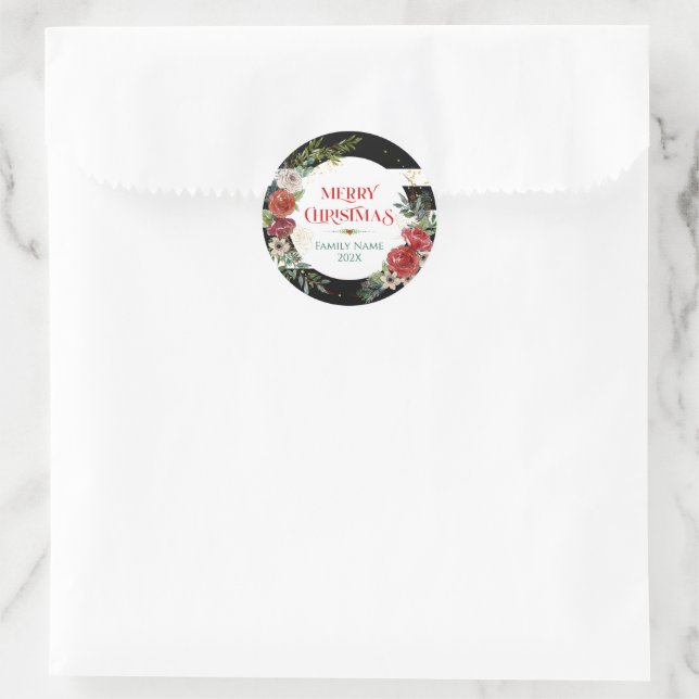 Pegatina Redonda Merry Christmas Typography & Floral Wreath Coaster (Bolso)