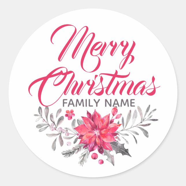 Pegatina Redonda Merry Christmas Typography Flowers Bouquet Pegatin (Anverso)