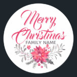 Pegatina Redonda Merry Christmas Typography Flowers Bouquet Pegatin<br><div class="desc">Elegante y moderna tipografía de escritura -Feliz Navidad y Navidades floridos acento de ramo. Nombre de la familia del personalizable.</div>