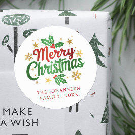 Pegatina Redonda Merry Christmas Typography Holly Berry Family