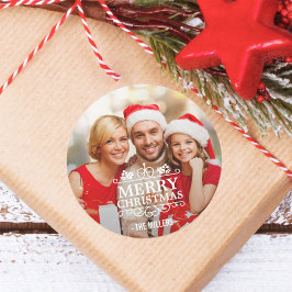 Pegatina Redonda Merry Christmas Typography Overlay Personalizado P