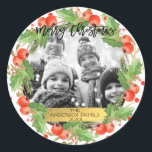Pegatina Redonda Merry Christmas Watercolor Wreath Holiday Photo<br><div class="desc">Personalizar con cualquier texto. Los elementos coincidentes están disponibles.</div>