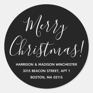 Pegatina Redonda Merry Christmas white black script return address