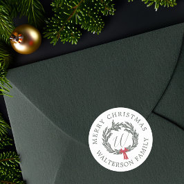 Pegatina Redonda Merry Christmas Winter Garland Wreath Monograma