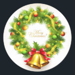 Pegatina Redonda Merry Christmas Wreath Pegatinas<br><div class="desc">Pegatina de vacaciones mostrado con una estampilla de corona navideña festiva. Personalizar o compra como está.</div>