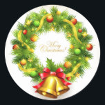 Pegatina Redonda Merry Christmas Wreath Pegatinas<br><div class="desc">Pegatina de vacaciones mostrado con una estampilla de corona navideña festiva. Personalizar o compra como está.</div>