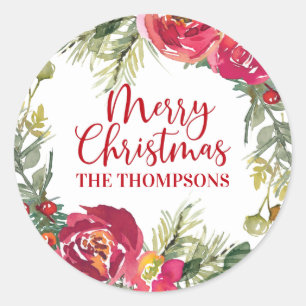 Pegatina Redonda Merry Christmas Wreath Personalizado Script Classi