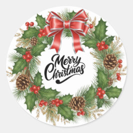 Pegatina Redonda Merry Christmas Wreath Pine Holiday Sticker