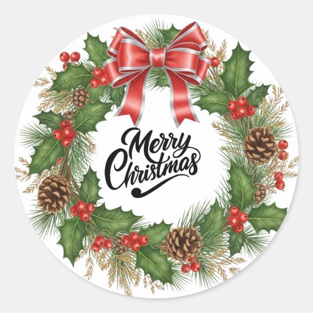 Pegatina Redonda Merry Christmas Wreath Pine Holiday Sticker (Anverso)