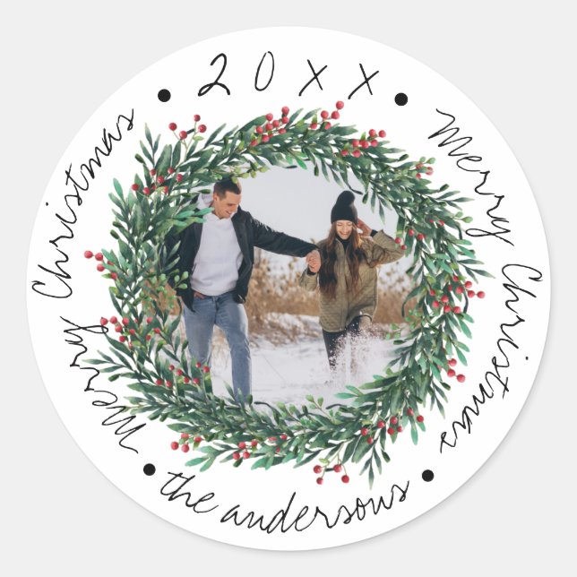 Pegatina Redonda  Merry Christmas Wreath Red Berries Name Photo (Anverso)