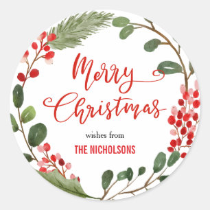 Pegatina Redonda Merry Christmas Wreath Red Script Corona