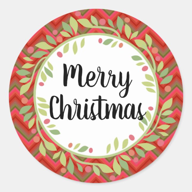 Pegatina Redonda Merry Christmas Wreath Retro Red (Anverso)