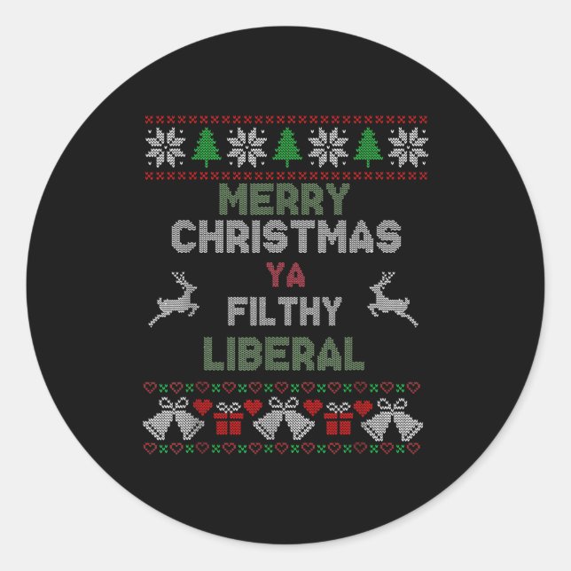 Pegatina Redonda Merry Christmas Ya Filthy Liberal Ugly Knit Funny  (Anverso)
