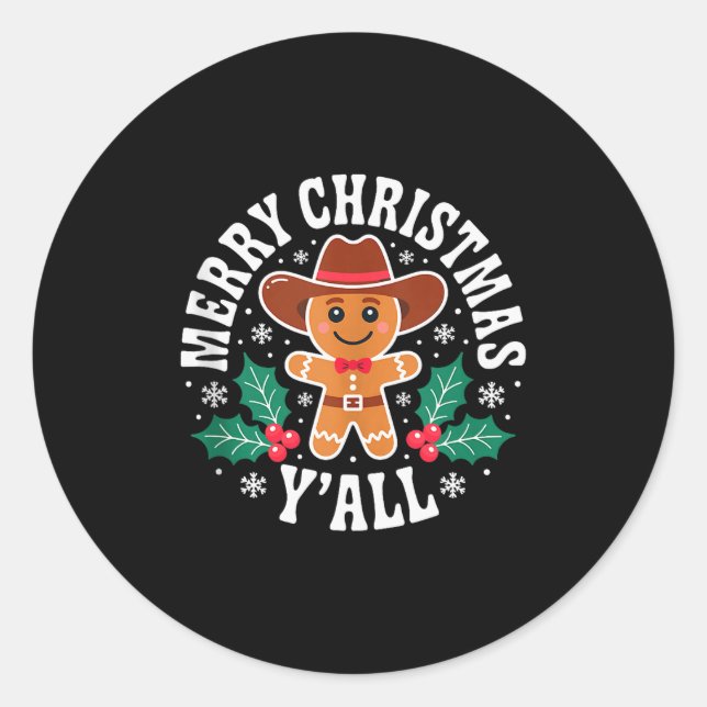 Pegatina Redonda Merry Christmas Yall Gingerbread Cowboy Howdy West (Anverso)