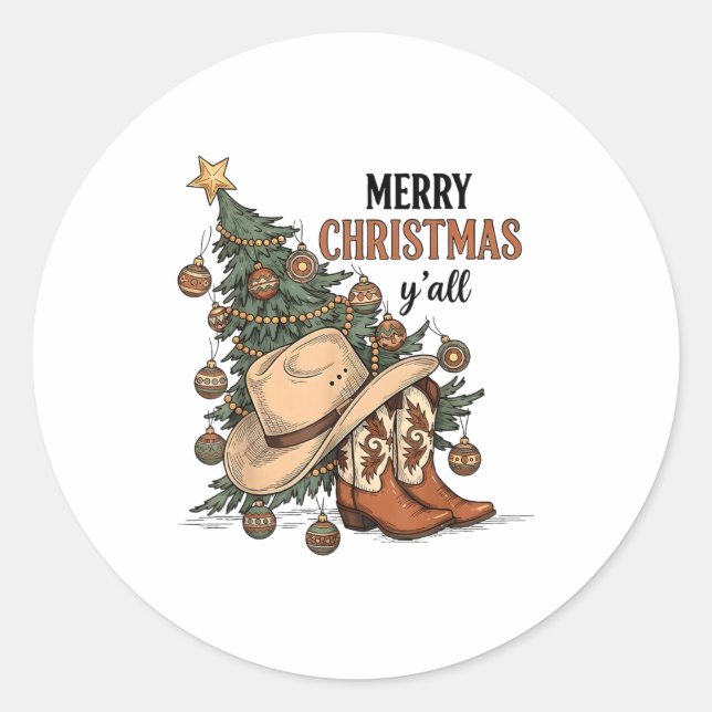 Pegatina Redonda Merry Christmas Y'all Western Cowboy Boots Hat Xma (Anverso)