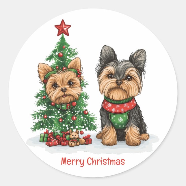 Pegatina Redonda Merry Christmas Yorkie Dogs (Anverso)