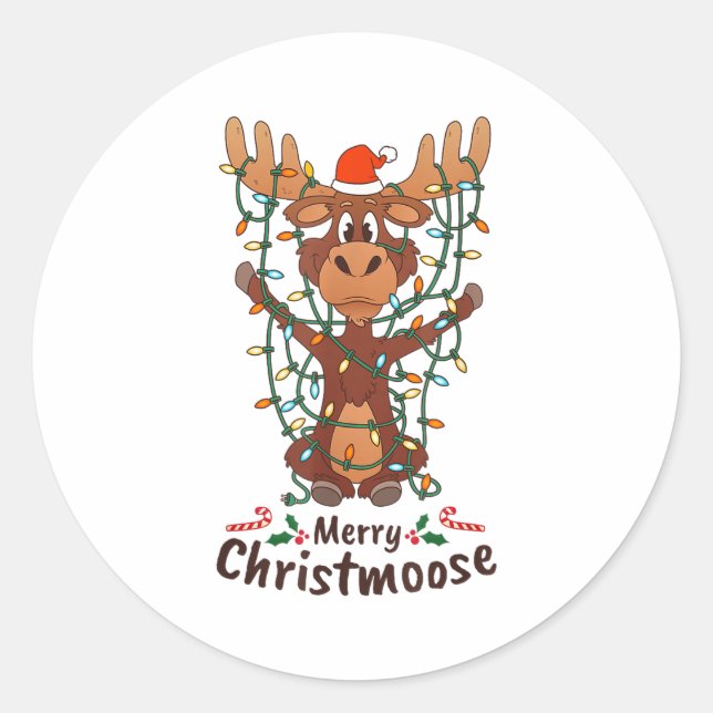 Pegatina Redonda Merry Christmoose Christmas Moose Xmas Tree Lights (Anverso)