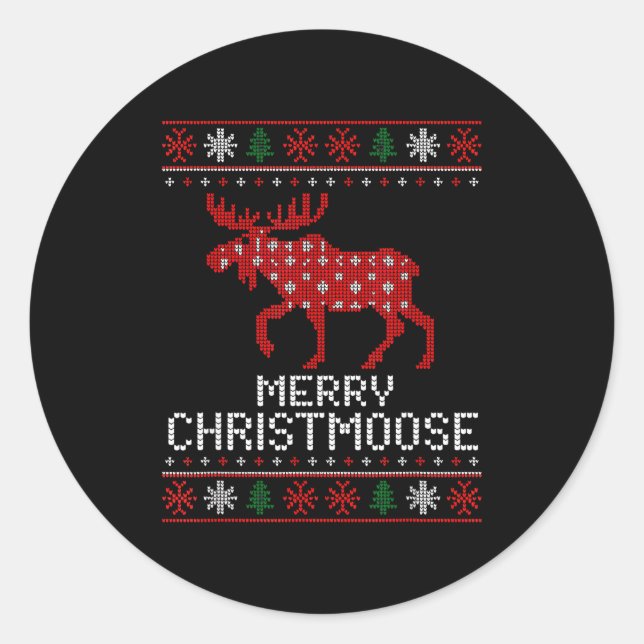 Pegatina Redonda Merry Christmoose Funny Christmas Moose Sweater An (Anverso)