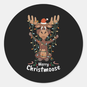 Pegatina Redonda Merry Christmoose Moose Tree Lights