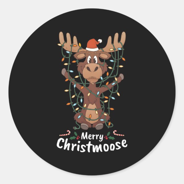 Pegatina Redonda Merry Christmoose Moose Tree Lights (Anverso)