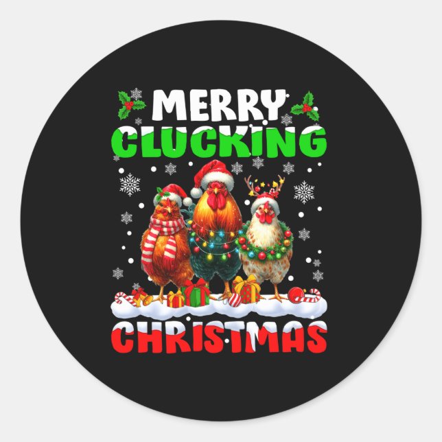 Pegatina Redonda Merry Clucking Christmas Funny Chicken Santa Hat X (Anverso)