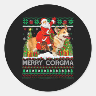 Pegatina Redonda Merry Corgmas Gracioso Santa Riding Corgi Christ
