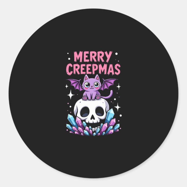 Pegatina Redonda Merry Creepmas Cat Pastel Goth Christmas Skull T-S (Anverso)