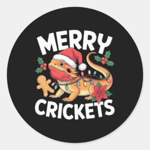 Pegatina Redonda ¡Merry Crickets! Pun Navidad Dragon con barba