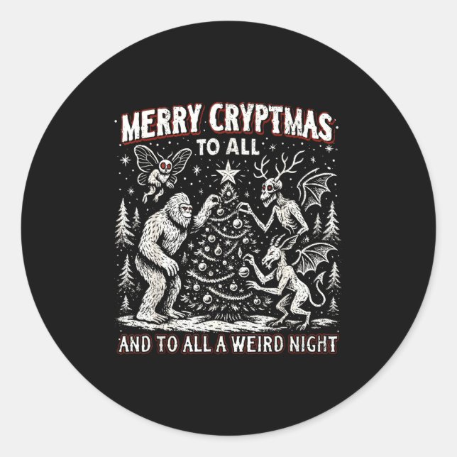 Pegatina Redonda Merry Cryptmas Weird Night Cryptid Holiday Art  (Anverso)
