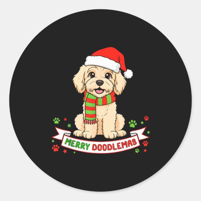 Pegatina Redonda Merry Doodlemas Goldendoodle Christmas Doodle Dog  (Anverso)