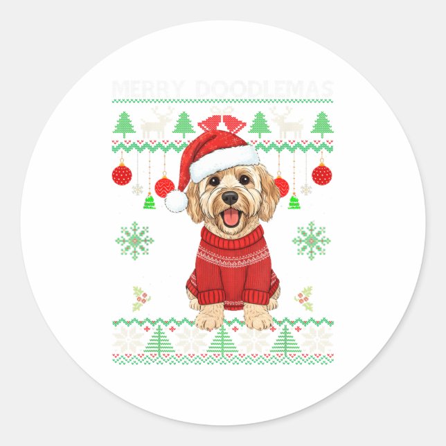 Pegatina Redonda Merry Doodlemas Goldendoodle Wearing Ugly Christma (Anverso)