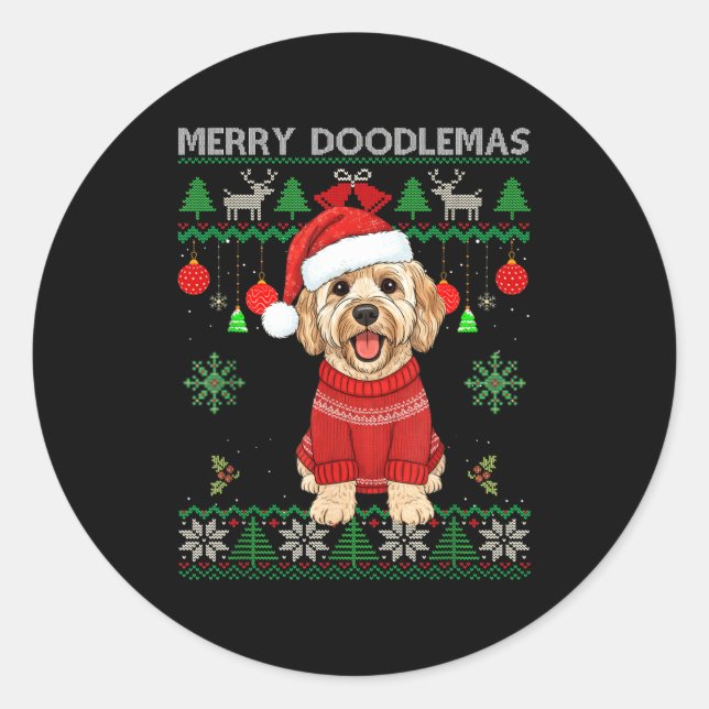 Pegatina Redonda Merry Doodlemas Goldendoodle Wearing Ugly Christma (Anverso)