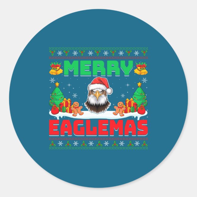 Pegatina Redonda Merry Eaglemas - Eagle Wearing Santa Hat Ugly Chri (Anverso)