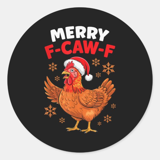 Pegatina Redonda Merry F-caw-f Funny Christmas Santa Chicken  (Anverso)