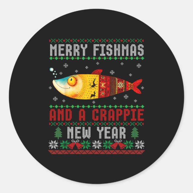 Pegatina Redonda Merry Fishmas And A Crape New Year Ugly Fisherman  (Anverso)