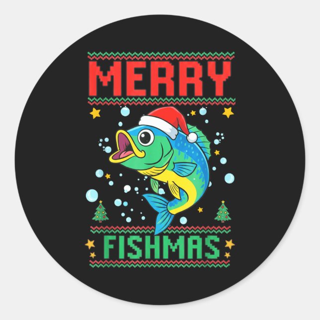 Pegatina Redonda Merry Fishmas B Fish Fishing Christmas  (Anverso)
