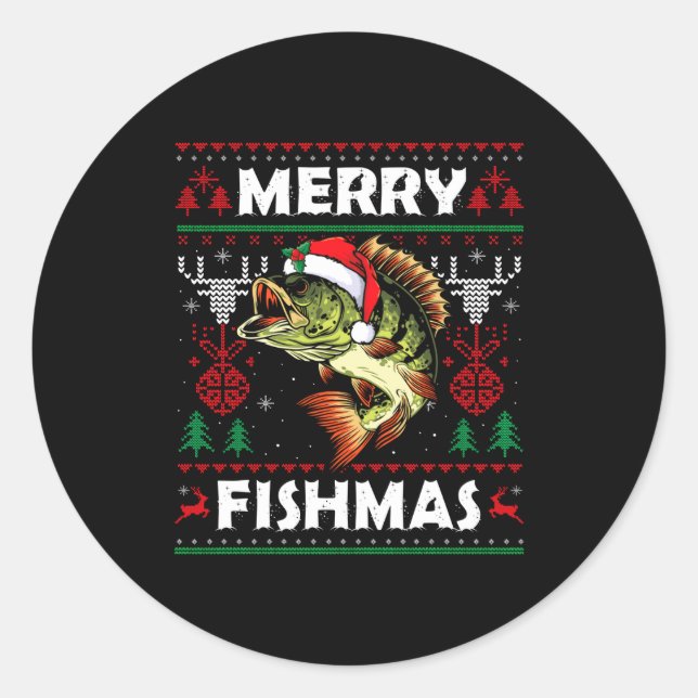 Pegatina Redonda Merry Fishmas B Fish Fishing Christmas Ugly Sweate (Anverso)