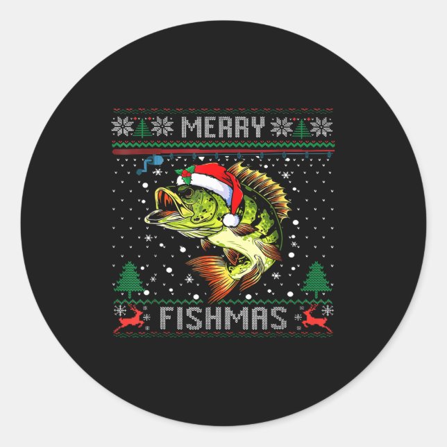 Pegatina Redonda Merry Fishmas B Fish Fishing Christmas Ugly Sweate (Anverso)