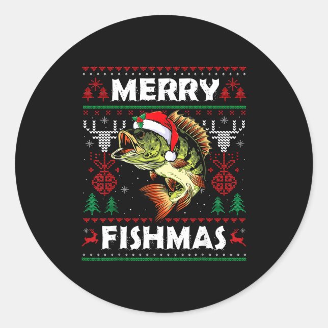 Pegatina Redonda Merry Fishmas B Fish Fishing Christmas Ugly Sweate (Anverso)