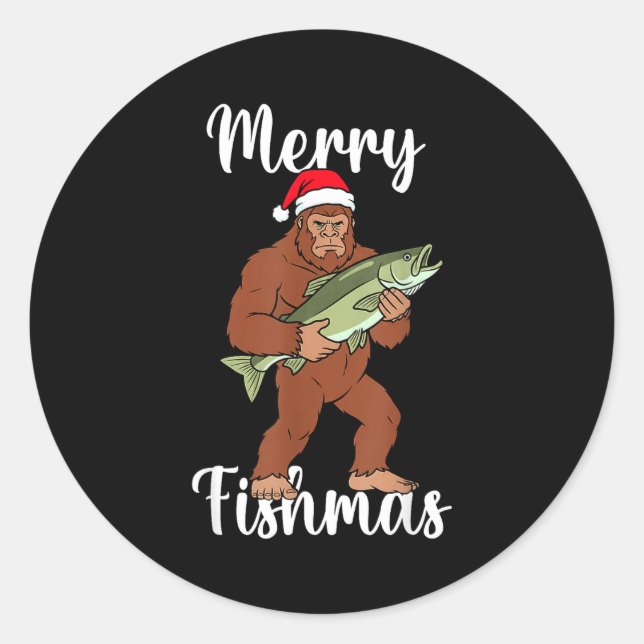 Pegatina Redonda Merry Fishmas Bigfoot Fishing Funny Sasquatch Sant (Anverso)