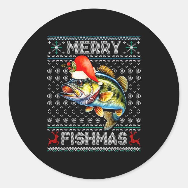 Pegatina Redonda Merry Fishmas Christmas Holiday Santa Fishing Xmas (Anverso)