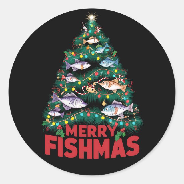 Pegatina Redonda Merry Fishmas Christmas Tree Enfoca la pesca de pe (Anverso)