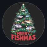 Pegatina Redonda Merry Fishmas Christmas Tree Enfoca la pesca de pe<br><div class="desc">Merry Fishmas Christmas Tree Ilustra la pesca de peces Rod</div>