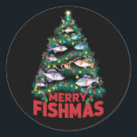 Pegatina Redonda Merry Fishmas Christmas Tree Enfoca la pesca de pe<br><div class="desc">Merry Fishmas Christmas Tree Ilustra la pesca de peces Rod</div>