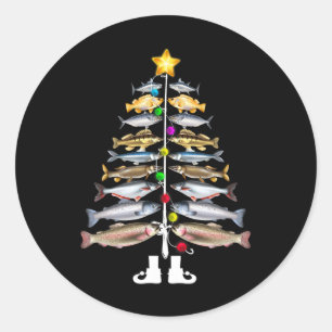 Pegatina Redonda Merry Fishmas Christmas Tree Funny Fishing