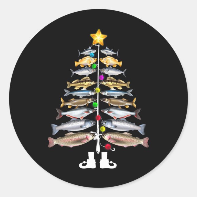 Pegatina Redonda Merry Fishmas Christmas Tree Funny Fishing (Anverso)