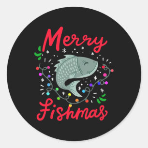 Pegatina Redonda Merry Fishmas Divertido Árbol de Navidad Ilumina F